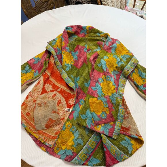 Kantha Patchwork Kimono Jacket Reversible Colorful Boho Patch Pockets O/S - Picture 1 of 16